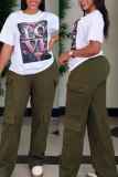 White Letter Print O Neck Short Sleeve T Shirt and Brown Baggy Cargo Pants Casual Outings Two Piece Matching Set