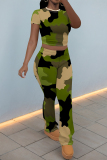 Grey Green Camouflage Print O Neck Short Sleeve T Shirt and Pocket High Waist Wide Leg Pant Casual Outings Two Piece Trouser Set