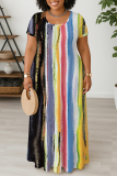 Rose Red Graphic Print O Neck Short Sleeve Floor Length Casual Outings Straight Loose Maxi Dresss