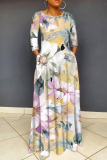 Green Floral Print O Neck 3/4 Sleeve Floor Length Casual Outings Straight Loose Maxi Dresss