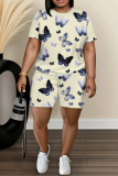 Light Green Butterfly Graphic Print O Neck Short Sleeve T Shirt and Shorts Casual Outings Plus Size Two Piece Short Set