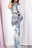 Light Blue Geometric Print O Neck Short Sleeve T Shirt and Pocket High Waist Wide Leg Pant Casual Outings Two Piece Trouser Set