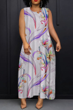 Green Floral Print O Neck Off Shoulder Sleeveless Casual Outings Plus Size Straight Loose Maxi Dresss
