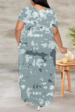 Light Blue Geometric Print V Neck Short Sleeve Pocket Side Slit Casual Outings Plus Size Straight Loose Maxi Dress