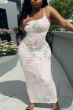 Gold Graphic Print Off Shoulder Sleeveless Backless Spaghetti Strap Casual Outings Bodycon Maxi Slip Dress