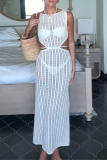 Off White Imitation Cotton Sleeveless Knit Cut-Outs Sheer Lace Up Swimwears Cover-Ups Vacation Beach Maxi Dresses