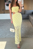 Yellow Imitation Cotton Hollow Out Side Slit Ruched Cover-Ups Vacation Beach Maxi Dresses