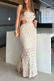 Yellow Imitation Cotton Hollow Out Side Slit Ruched Cover-Ups Vacation Beach Maxi Dresses