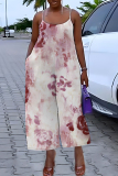 Pink Floral Print Off Shoulder Sleeveless Backless Spaghetti Strap Causl Outing Cami Jumpsuit