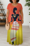 Orange Figure Print O Neck Short Sleeve Floor Length Casual Outings Plus Size Straight Loose T Shirt Maxi Dresss