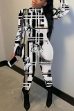 Blue Graphic Print Half A Turtleneck Long Sleeve Casual Outings Plus Size Skinny Jumpsuit