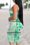 White Plaid Floral Print U Neck Sleeveless Spaghetti Strap Casual Summer Outings Bodycon Tank Midi Dresses