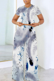 Light Blue Geometric Print O Neck Short Sleeve T Shirt and Pocket High Waist Wide Leg Pant Casual Outings Two Piece Trouser Set
