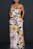 Blue Plants Print Sleeveless Backless Spaghetti Strap Floor Length Casual Outings Straight Loose Maxi Slip Dresss
