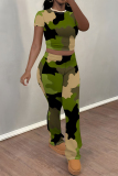 Grey Green Camouflage Print O Neck Short Sleeve T Shirt and Pocket High Waist Wide Leg Pant Casual Outings Two Piece Trouser Set