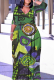 Light Green Geometric Print V Neck 3/4 Sleeve Lace Up Casual Outings Baggy Maxi Dress
