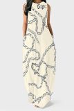 Pink Flowers Geometric Print O Neck Sleeveless Pocket Casual Outings Loose Maxi Dress