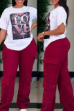 White Letter Print O Neck Short Sleeve T Shirt and Brown Baggy Cargo Pants Casual Outings Two Piece Matching Set