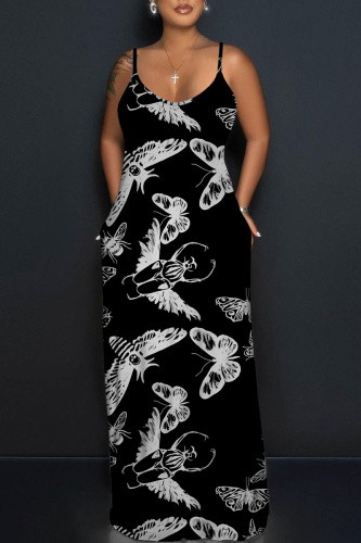 Blue Plants Print Sleeveless Backless Spaghetti Strap Floor Length Casual Outings Straight Loose Maxi Slip Dresss