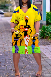 Green Figured Print V Neck Short Sleeve Knee Length Casual Daily Plus Size Straight Loose T Shirt Dress
