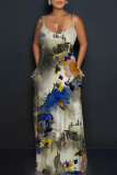 Blue Plants Print Sleeveless Backless Spaghetti Strap Floor Length Casual Outings Straight Loose Maxi Slip Dresss
