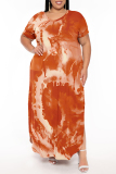 Light Blue Geometric Print V Neck Short Sleeve Pocket Side Slit Casual Outings Plus Size Straight Loose Maxi Dress