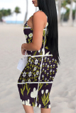 White Plaid Floral Print U Neck Sleeveless Spaghetti Strap Casual Summer Outings Bodycon Tank Midi Dresses