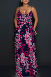 Blue Graphic Print Sleeveless Backless Spaghetti Strap Floor Length Casual Outings Straight Loose Maxi Slip Dresss