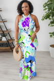 Light Khaki Flowers Stripe Geometric Print O Neck Sleeveless Casual Outings Straight Loose Maxi Dress