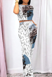 Light Blue Geometric Print O Neck Short Sleeve T Shirt and Pocket High Waist Wide Leg Pant Casual Outings Two Piece Trouser Set