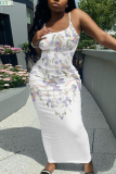 Gold Graphic Print Off Shoulder Sleeveless Backless Spaghetti Strap Casual Outings Bodycon Maxi Slip Dress