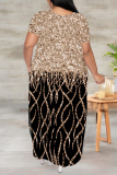 Light Blue Geometric Print V Neck Short Sleeve Pocket Side Slit Casual Outings Plus Size Straight Loose Maxi Dress