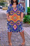 Blue Graphic Print V Neck Short Sleeve Knee Length Casual Daily Plus Size Straight Loose T Shirt Dress