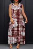 Dark Green Floral Print O Neck Sleeveless Ankle Length Casual Outings Straight Loose Pleated Maxi Dress