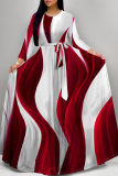 White Flowers Striped Print O Neck Nine Points Sleeve Pocket With Belt Casual Outings Loose Maxi Dress