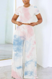 Light Blue Geometric Print O Neck Short Sleeve T Shirt and Pocket High Waist Wide Leg Pant Casual Outings Two Piece Trouser Set