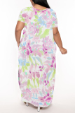 Light Blue Geometric Print V Neck Short Sleeve Pocket Side Slit Casual Outings Plus Size Straight Loose Maxi Dress