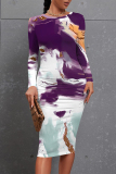 Purple Leopard Floral Print O Neck Long Sleeve Casual Outings Bodycon Midi Dress