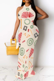 Light Khaki Flowers Stripe Geometric Print O Neck Sleeveless Casual Outings Straight Loose Maxi Dress