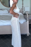 Off White Imitation Cotton Sleeveless Knit Cut-Outs Sheer Lace Up Swimwears Cover-Ups Vacation Beach Maxi Dresses