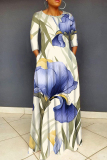 Green Floral Print O Neck 3/4 Sleeve Floor Length Casual Outings Straight Loose Maxi Dresss