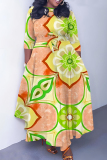 Light Purple Floral Print O Neck 3/4 Sleeve Casual Daily Plus Size Pleated Maxi Dress