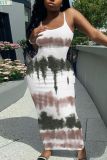 Gold Graphic Print Off Shoulder Sleeveless Backless Spaghetti Strap Casual Outings Bodycon Maxi Slip Dress