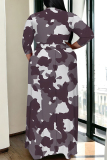 Light Green Geometric Print V Neck 3/4 Sleeve Lace Up Casual Outings Baggy Maxi Dress