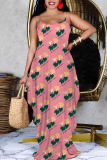 Blue Purple Cartoon Flowers Letters Print Deep V Neck Sleeveless Backless Spaghetti Strap Casual Outings Straight Loose Maxi Slip Dress