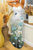 Light Green Floral Print Off Shoulder Sleeveless Backless Spaghetti Strap Casual Outings Bodycon Maxi Slip Dress