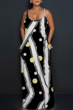 Blue Graphic Print Sleeveless Backless Spaghetti Strap Floor Length Casual Outings Straight Loose Maxi Slip Dresss