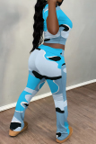 Grey Green Camouflage Print O Neck Short Sleeve T Shirt and Pocket High Waist Wide Leg Pant Casual Outings Two Piece Trouser Set