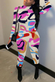 Rose Red Graphic Print Half A Turtleneck Long Sleeve Casual Outings Skinny Jumpsuit