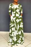 Green Floral Print O Neck 3/4 Sleeve Floor Length Casual Outings Straight Loose Maxi Dresss